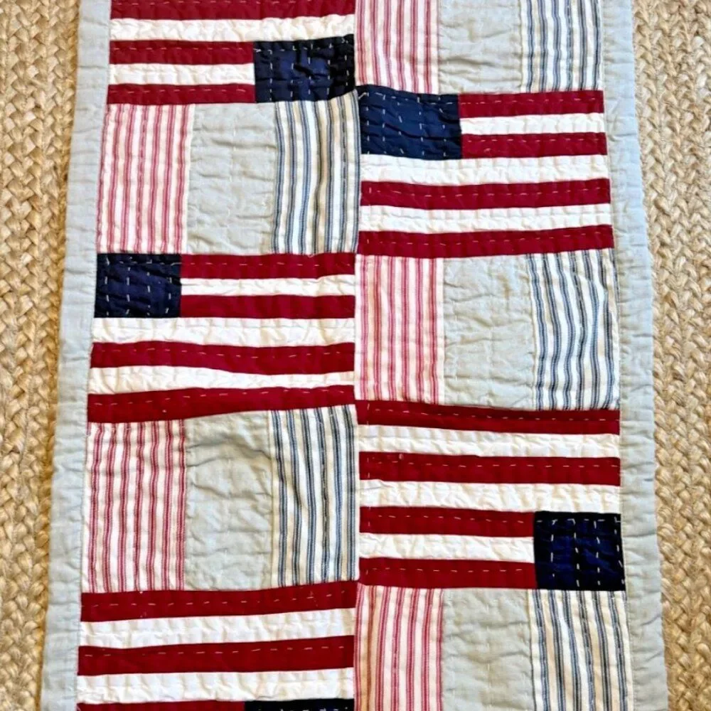 Pottery Barn Quilted Table Runner U.S. Flag 93 x 18 Red White & Blue Reversible